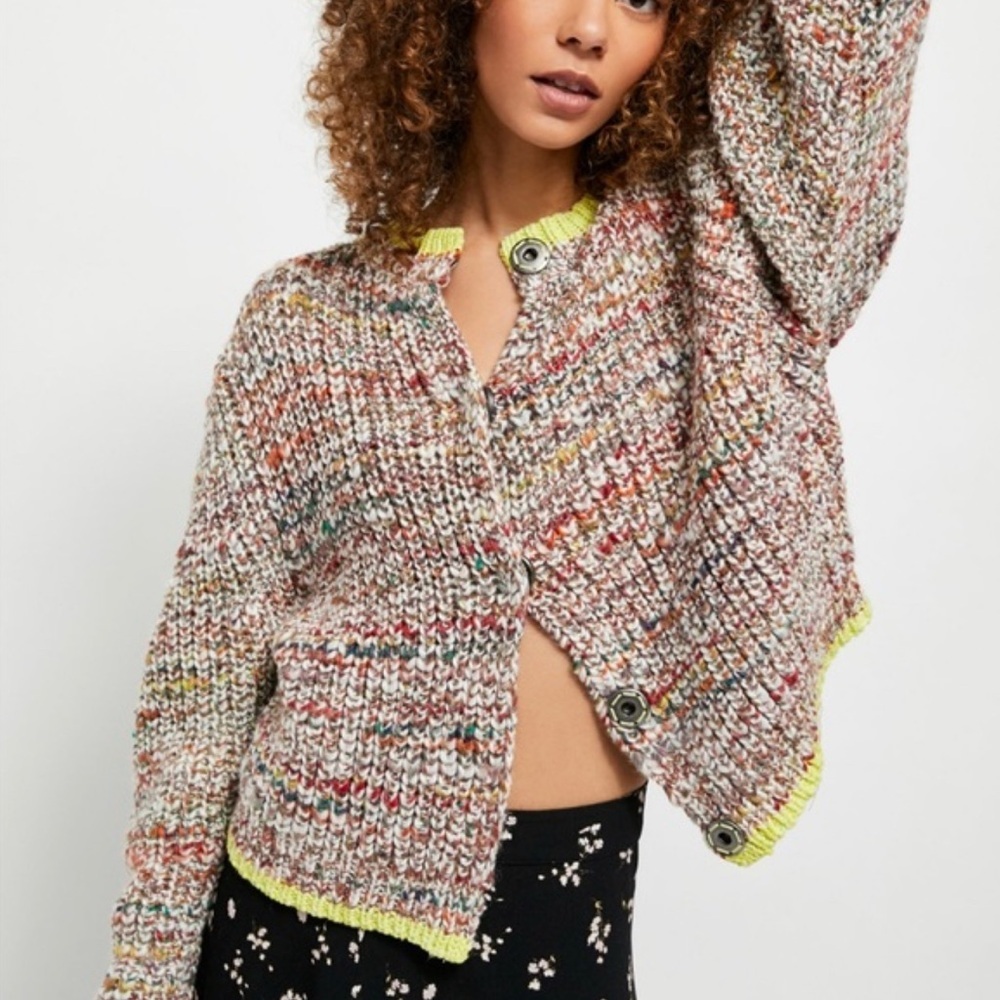 Free People Multicolor Chunky Knit Cardigan Neon Trim Slouchy Fit Size L Boho